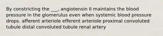 By constricting the ___, angiotensin II maintains the blood pressure in the glomerulus even when systemic blood pressure drops. afferent arteriole efferent arteriole proximal convoluted tubule distal convoluted tubule renal artery