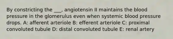 By constricting the ___, angiotensin II maintains the blood pressure in the glomerulus even when systemic blood pressure drops. A: afferent arteriole B: efferent arteriole C: proximal convoluted tubule D: distal convoluted tubule E: renal artery