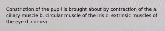 Constriction of the pupil is brought about by contraction of the a. ciliary muscle b. circular muscle of the iris c. extrinsic muscles of the eye d. cornea