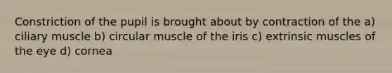 Constriction of the pupil is brought about by contraction of the a) ciliary muscle b) circular muscle of the iris c) extrinsic muscles of the eye d) cornea