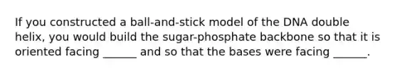 If you constructed a ball-and-stick model of the DNA double helix, you would build the sugar-phosphate backbone so that it is oriented facing ______ and so that the bases were facing ______.