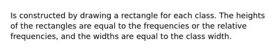 Is constructed by drawing a rectangle for each class. The heights of the rectangles are equal to the frequencies or the relative frequencies, and the widths are equal to the class width.