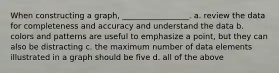 When constructing a graph, _________________. a. review the data for completeness and accuracy and understand the data b. colors and patterns are useful to emphasize a point, but they can also be distracting c. the maximum number of data elements illustrated in a graph should be five d. all of the above