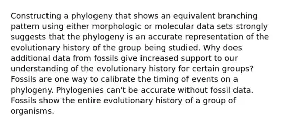 Constructing a phylogeny that shows an equivalent branching pattern using either morphologic or molecular data sets strongly suggests that the phylogeny is an accurate representation of the evolutionary history of the group being studied. Why does additional data from fossils give increased support to our understanding of the evolutionary history for certain groups? Fossils are one way to calibrate the timing of events on a phylogeny. Phylogenies can't be accurate without fossil data. Fossils show the entire evolutionary history of a group of organisms.