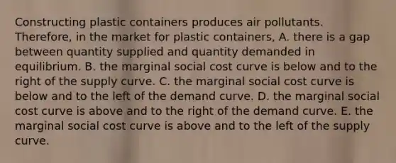 Constructing plastic containers produces air pollutants.​ Therefore, in the market for plastic​ containers, A. there is a gap between quantity supplied and quantity demanded in equilibrium. B. the marginal social cost curve is below and to the right of the supply curve. C. the marginal social cost curve is below and to the left of the demand curve. D. the marginal social cost curve is above and to the right of the demand curve. E. the marginal social cost curve is above and to the left of the supply curve.