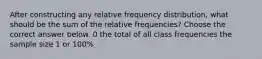 After constructing any relative frequency​ distribution, what should be the sum of the relative​ frequencies? Choose the correct answer below. 0 the total of all class frequencies the sample size 1 or​ 100%