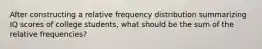 After constructing a relative frequency distribution summarizing IQ scores of college​ students, what should be the sum of the relative​ frequencies?