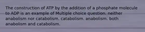 The construction of ATP by the addition of a phosphate molecule to ADP is an example of Multiple choice question. neither anabolism nor catabolism. catabolism. anabolism. both anabolism and catabolism.