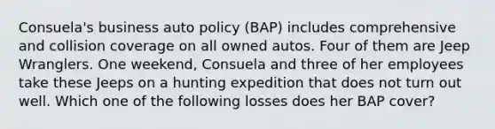 Consuela's business auto policy (BAP) includes comprehensive and collision coverage on all owned autos. Four of them are Jeep Wranglers. One weekend, Consuela and three of her employees take these Jeeps on a hunting expedition that does not turn out well. Which one of the following losses does her BAP cover?