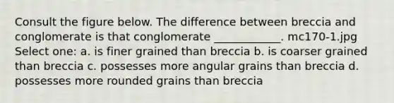 Consult the figure below. The difference between breccia and conglomerate is that conglomerate ____________. mc170-1.jpg Select one: a. is finer grained than breccia b. is coarser grained than breccia c. possesses more angular grains than breccia d. possesses more rounded grains than breccia