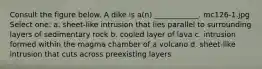 Consult the figure below. A dike is a(n) ____________. mc126-1.jpg Select one: a. sheet-like intrusion that lies parallel to surrounding layers of sedimentary rock b. cooled layer of lava c. intrusion formed within the magma chamber of a volcano d. sheet-like intrusion that cuts across preexisting layers