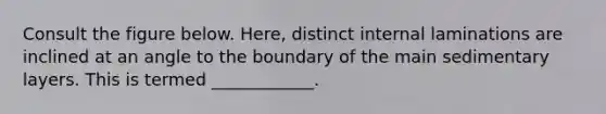 Consult the figure below. Here, distinct internal laminations are inclined at an angle to the boundary of the main sedimentary layers. This is termed ____________.