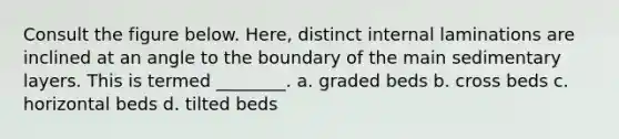 Consult the figure below. Here, distinct internal laminations are inclined at an angle to the boundary of the main sedimentary layers. This is termed ________. a. graded beds b. cross beds c. horizontal beds d. tilted beds