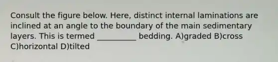 Consult the figure below. Here, distinct internal laminations are inclined at an angle to the boundary of the main sedimentary layers. This is termed __________ bedding. A)graded B)cross C)horizontal D)tilted