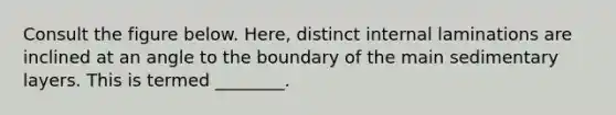 Consult the figure below. Here, distinct internal laminations are inclined at an angle to the boundary of the main sedimentary layers. This is termed ________.