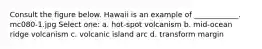 Consult the figure below. Hawaii is an example of ____________. mc080-1.jpg Select one: a. hot-spot volcanism b. mid-ocean ridge volcanism c. volcanic island arc d. transform margin