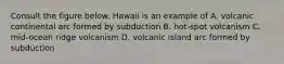 Consult the figure below. Hawaii is an example of A. volcanic continental arc formed by subduction B. hot-spot volcanism C. mid-ocean ridge volcanism D. volcanic island arc formed by subduction