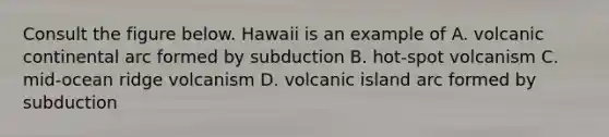 Consult the figure below. Hawaii is an example of A. volcanic continental arc formed by subduction B. hot-spot volcanism C. mid-ocean ridge volcanism D. volcanic island arc formed by subduction