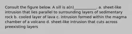 Consult the figure below. A sill is a(n)____________. a. sheet-like intrusion that lies parallel to surrounding layers of sedimentary rock b. cooled layer of lava c. intrusion formed within the magma chamber of a volcano d. sheet-like intrusion that cuts across preexisting layers