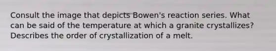 Consult the image that depicts Bowen's reaction series. What can be said of the temperature at which a granite crystallizes? Describes the order of crystallization of a melt.