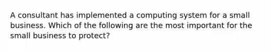 A consultant has implemented a computing system for a small business. Which of the following are the most important for the small business to protect?