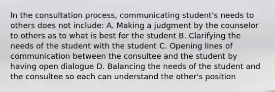 In the consultation process, communicating student's needs to others does not include: A. Making a judgment by the counselor to others as to what is best for the student B. Clarifying the needs of the student with the student C. Opening lines of communication between the consultee and the student by having open dialogue D. Balancing the needs of the student and the consultee so each can understand the other's position