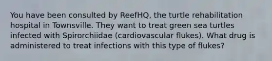 You have been consulted by ReefHQ, the turtle rehabilitation hospital in Townsville. They want to treat green sea turtles infected with Spirorchiidae (cardiovascular flukes). What drug is administered to treat infections with this type of flukes?