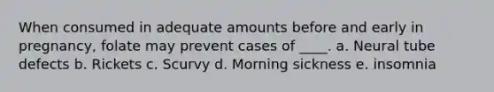 When consumed in adequate amounts before and early in pregnancy, folate may prevent cases of ____. a. Neural tube defects b. Rickets c. Scurvy d. Morning sickness e. insomnia