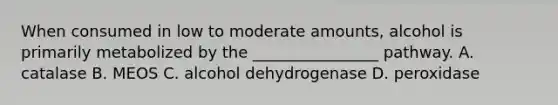 When consumed in low to moderate amounts, alcohol is primarily metabolized by the ________________ pathway. A. catalase B. MEOS C. alcohol dehydrogenase D. peroxidase