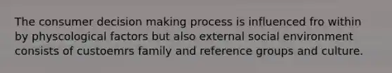 The consumer decision making process is influenced fro within by physcological factors but also external social environment consists of custoemrs family and reference groups and culture.