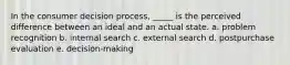 In the consumer decision process, _____ is the perceived difference between an ideal and an actual state. a. problem recognition b. internal search c. external search d. postpurchase evaluation e. decision-making