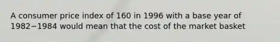 A consumer price index of 160 in 1996 with a base year of 1982−1984 would mean that the cost of the market basket