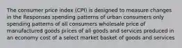 The consumer price index (CPI) is designed to measure changes in the Responses spending patterns of urban consumers only spending patterns of all consumers wholesale price of manufactured goods prices of all goods and services produced in an economy cost of a select market basket of goods and services