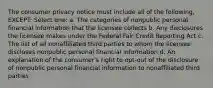 The consumer privacy notice must include all of the following, EXCEPT: Select one: a. The categories of nonpublic personal financial information that the licensee collects b. Any disclosures the licensee makes under the Federal Fair Credit Reporting Act c. The list of all nonaffiliated third parties to whom the licensee discloses nonpublic personal financial information d. An explanation of the consumer's right to opt-out of the disclosure of nonpublic personal financial information to nonaffiliated third parties