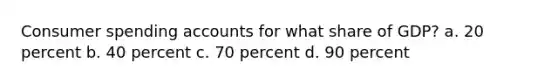 Consumer spending accounts for what share of GDP? a. 20 percent b. 40 percent c. 70 percent d. 90 percent