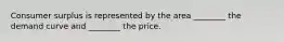 Consumer surplus is represented by the area ________ the demand curve and ________ the price.