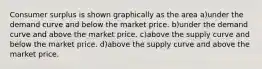 Consumer surplus is shown graphically as the area a)under the demand curve and below the market price. b)under the demand curve and above the market price. c)above the supply curve and below the market price. d)above the supply curve and above the market price.