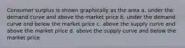 Consumer surplus is shown graphically as the area a. under the demand curve and above the market price b. under the demand curve and below the market price c. above the supply curve and above the market price d. above the supply curve and below the market price