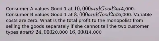 Consumer A values Good 1 at 10,000 and Good 2 at4,000. Consumer B values Good 1 at 8,000 and Good 2 at6,000. Variable costs are zero. What is the total profit to the monopolist from selling the goods separately if she cannot tell the two customer types apart? 24,00020,000 16,00014,000