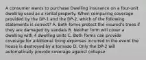 A consumer wants to purchase Dwelling insurance on a four-unit dwelling used as a rental property. When comparing coverage provided by the DP-1 and the DP-2, which of the following statements is correct? A. Both forms protect the insured's trees if they are damaged by vandals B. Neither form will cover a dwelling with 4 dwelling units C. Both forms can provide coverage for additional living expenses incurred in the event the house is destroyed by a tornado D. Only the DP-2 will automatically provide coverage against collapse