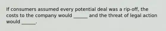 If consumers assumed every potential deal was a rip-off, the costs to the company would ______ and the threat of legal action would ______.
