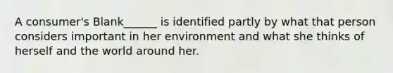 A consumer's Blank______ is identified partly by what that person considers important in her environment and what she thinks of herself and the world around her.