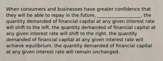 When consumers and businesses have greater confidence that they will be able to repay in the future, ___________________. the quantity demanded of financial capital at any given interest rate will shift to the left. the quantity demanded of financial capital at any given interest rate will shift to the right. the quantity demanded of financial capital at any given interest rate will achieve equilibrium. the quantity demanded of financial capital at any given interest rate will remain unchanged.