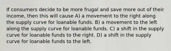 If consumers decide to be more frugal and save more out of their income, then this will cause A) a movement to the right along the supply curve for loanable funds. B) a movement to the left along the supply curve for loanable funds. C) a shift in the supply curve for loanable funds to the right. D) a shift in the supply curve for loanable funds to the left.