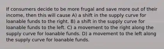 If consumers decide to be more frugal and save more out of their income, then this will cause A) a shift in the supply curve for loanable funds to the right. B) a shift in the supply curve for loanable funds to the left. C) a movement to the right along the supply curve for loanable funds. D) a movement to the left along the supply curve for loanable funds.