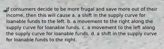 If consumers decide to be more frugal and save more out of their income, then this will cause a. a shift in the supply curve for loanable funds to the left. b. a movement to the right along the supply curve for loanable funds. c. a movement to the left along the supply curve for loanable funds. d. a shift in the supply curve for loanable funds to the right.