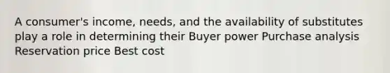 A consumer's income, needs, and the availability of substitutes play a role in determining their Buyer power Purchase analysis Reservation price Best cost