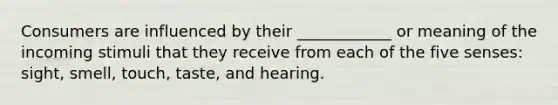 Consumers are influenced by their ____________ or meaning of the incoming stimuli that they receive from each of the five senses: sight, smell, touch, taste, and hearing.