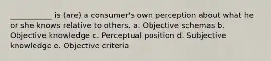 ___________ is (are) a consumer's own perception about what he or she knows relative to others. a. Objective schemas b. Objective knowledge c. Perceptual position d. Subjective knowledge e. Objective criteria