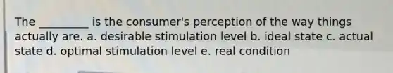 The _________ is the consumer's perception of the way things actually are. a. desirable stimulation level b. ideal state c. actual state d. optimal stimulation level e. real condition